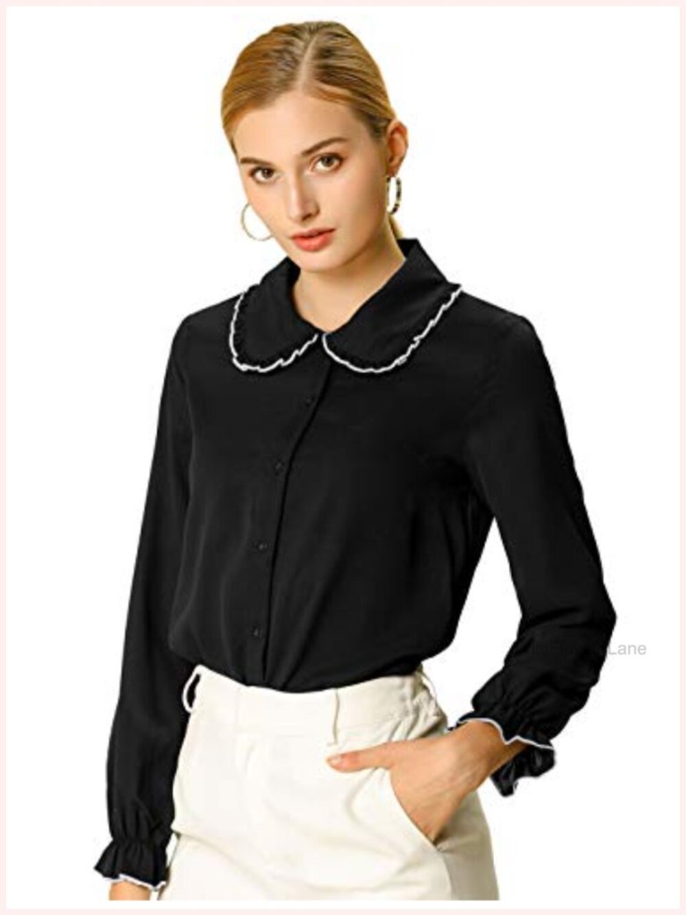 Womens Work Blouse Peter Pan Collar Long Sleeve Button Down Shirt